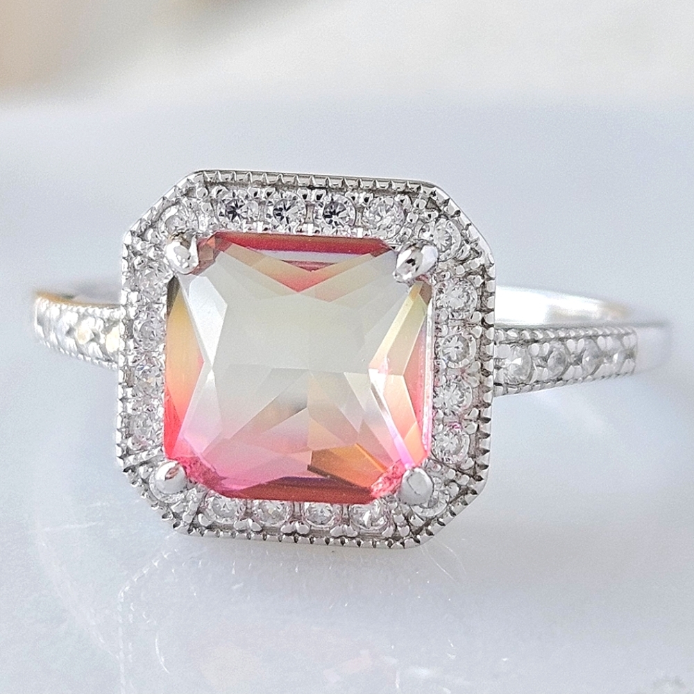 Emerald cut peach and pink gemstone ring, 925 Sterling Silver Charmed Aroma